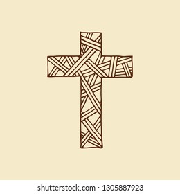Cross of the Lord and Savior Jesus Christ with interlacings, hand-drawn. Christian and biblical symbols.