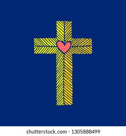 Cross of the Lord and Savior Jesus Christ with a heart, drawn by hand. Christian and biblical symbols.