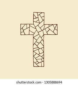 The cross of the Lord and Savior Jesus Christ, made in the technique of mosaic, hand-drawn. Christian and biblical symbols.