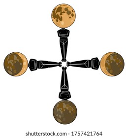 Cross made of Cycladic figurines of goddess with four phases of Moon. Creative spiritual concept of female lunar energy.