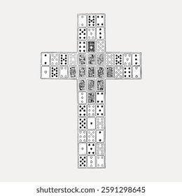 Cross made of dominoes, featuring various patterns and numbers. Dominoes form a cross shape, with each domino displaying unique patterns and numbers. Vintage illustration isolated on white, vector.