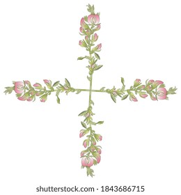 Cross made of four blooming branches of Ononis Hircina flower. Square floral decor.