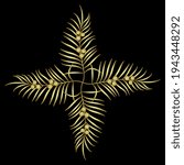 Cross made of four branches with berries. Square floral design. Golden glossy silhouette on black background.