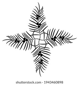 Cross made of four branches with berries. Square floral design. Black silhouette on white background.