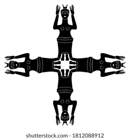 Cross made of four female figurines. Cretan Minoan sculpture of ancient goddess with raised hands. Great Mother archetype. Black and white silhouette.