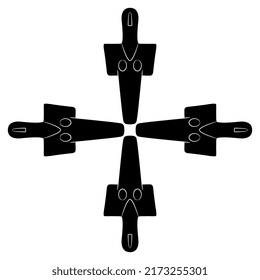 Cross made of four female figurines. Mother goddess from Turriga. Madre di Turriga. Neolithic pagan idol. Black and white silhouette.