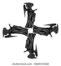 Cross made of four medieval angels. Square vintage design. Black and white silhouette.