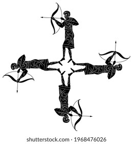 Cross made of four shooting medieval archer men with bows and arrows. Black and white silhouette. Creative concept.