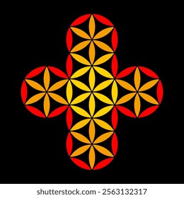 Cross made of the petals of the Flower of Life. Leadlight style cross shape obtained from the Flower of Life, a geometric figure of overlapping circles, forming a flower like pattern. Sacred geometry.