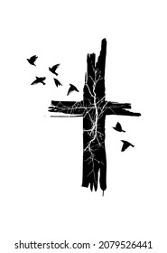 Cruz hecha de ramas de árboles con aves voladoras. Ilustración del vector
