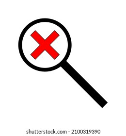 Cross in magnifying glass. Red sign. Error icon. Data analysis. Flat design. Modern art. Vector illustration. Stock image. 