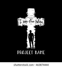 Cross and man, logo concept. Christian project sign. Isolated abstract graphic design template. Illustration of Jesus is the door. Bible verb I Am The Way, The Truth And The Life.