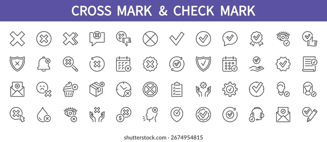 Marca cruzada, marca de verificación icono de colección. Prohibición, prohibido, advertencia, atención, error, validar, hecho, Asistencia, completo, correcto. Ilustración vectorial. Trazo editable.
