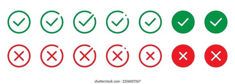 Cross mark and Check mark vector icon. Yes or no line symbol, approved or rejected icon for user interface. 