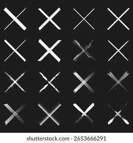 Cross mark collection. X symbol set. Grunge Vector texture. White brush strokes. EPS 10.