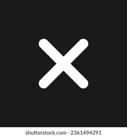 Icono cruzado de glifo ui en modo oscuro. Acción de eliminación. Botón Cancelar. Diseño de interfaz de usuario. Símbolo de silueta blanca en el espacio negro. Pictograma sólido para web, móvil. Ilustración aislada del vector