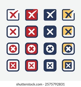 Cross mark icon button set. Cross icon with wrong button, no cross icons in tick box Isolated symbol.