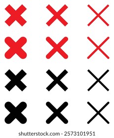 Cross mark icon collection. Set of cross x mark vector icons red and black color. Wrong mark sign. Cross x symbol. Cross x for check box. False icons. Reject and cancel isolated vector illustration.