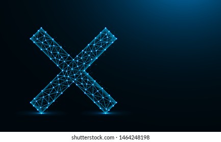 Cross mark low poly design, delete symbol in polygonal style, letter x wireframe vector illustration made from points and lines on dark blue background