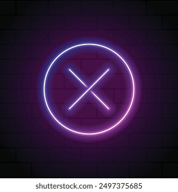 Cross mark in neon style. Purple cross mark. Retro sign with glowing neon. Vector illustration