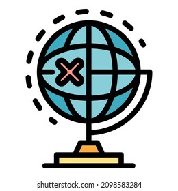 Cross mark on the globe icon. Outline cross mark on the globe vector icon color flat isolated