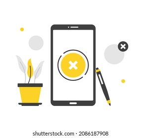 Cross mark on mobile phone screen. Flat vector illustration. Smartphone, pen and x mark button. Close app, exit, failed transaction, error. Modern concepts. Flat design