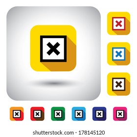 cross mark sign on button - flat design vector icon. This long shadows graphic symbol also represents disapproval, wrong selection, voting in a poll, saying no, disagreement, eliminate
