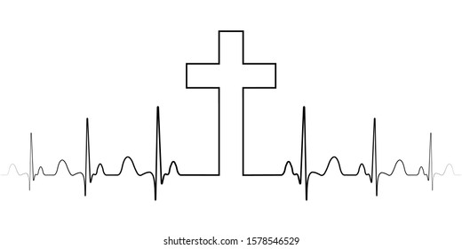 Cross mark symbol Christian faith, a vector single line, the cross and the pulse heart beats, the excitement of religion