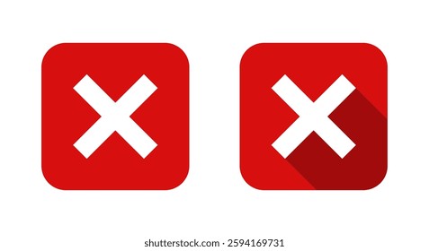 Cross mark, x icon with long shadow. Close, delete, block sign symbol on red square