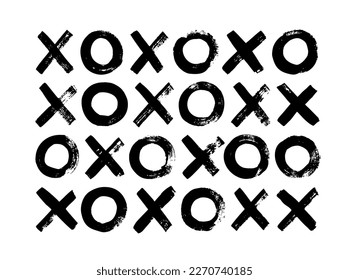 Cross marks and circles isolated on white background. Abstract simple geometric elements. Vector x and o. Hand drawn black brush strokes. Tic tac toe grunge background. Tile x o noughts and crosses.