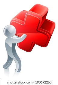 Cross mascot person illustration of a silver mascot figure holding a big red X icon