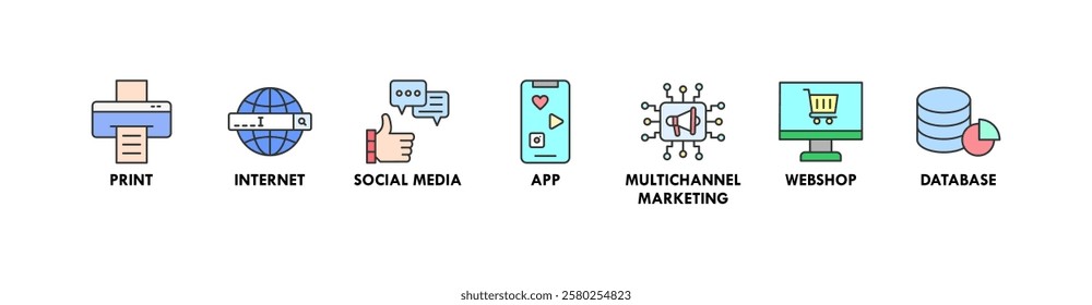 Cross media banner web icon vector illustration concept with icon of print, internet, social media, app, multichannel marketing, webshop, and database