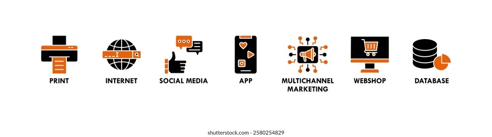 Cross media banner web icon vector illustration concept with icon of print, internet, social media, app, multichannel marketing, webshop, and database