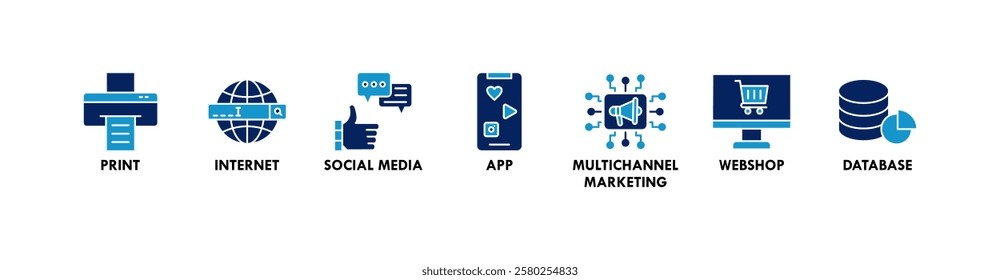 Cross media banner web icon vector illustration concept with icon of print, internet, social media, app, multichannel marketing, webshop, and database