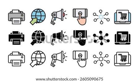 CROSS MEDIA icon set with multiple style print, internet, social media, app, multichannel marketing, webshop and database 
