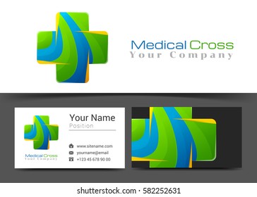 Cross Medical Corporate Logo and Business Card Sign Template. Creative Design with Colorful Logotype Visual Identity Composition Made of Multicolored Element. Vector Illustration.