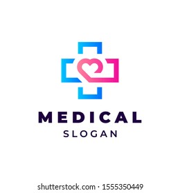 Cross medical with heart shape outline illustration for logo template design.
