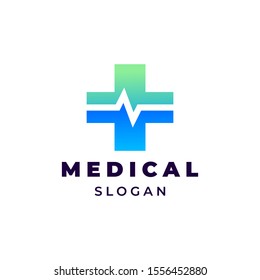 Cross medical with heartbeat silhouette illustration for logo template design.