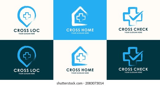 cross medical house location combined brush stroke concept for health pharmacy inspiration logo