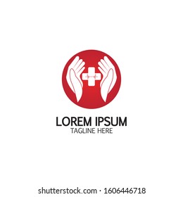 Cross Medical Logo With Hand Care. Medical Secure Logo Template Design Vector