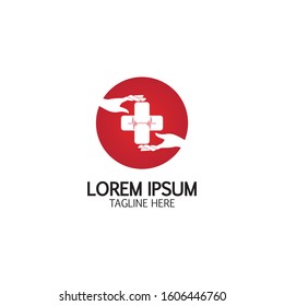 Cross Medical Logo With Hand Care. Medical Secure Logo Template Design Vector