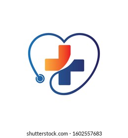 cross medical sign inside heart shape stethoscope medical healthcare vector logo design template