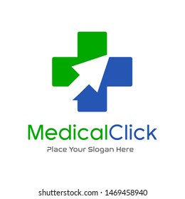 Cross medical vector logo template with cursor or click symbol.