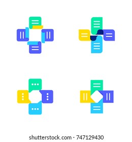Cross of medication lists and speech bubbles - medical or pharmacy vector logo mark template or icon