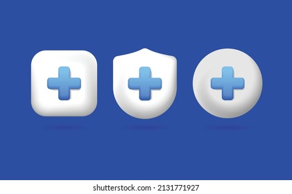 Cross medicine, realistic 3d medical emergency first aid care icons set with heart pill isolated vector illustration