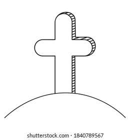 Cross. Memorial to memory. Vector illustration. Outline on an isolated white background. Doodle style. Gloomy sketch. Halloween symbol. Grave in the cemetery. Religious symbol. All Saints Day. 