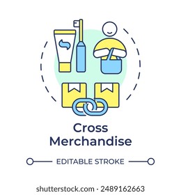 Mehrfarbiges Konzeptsymbol für Cross-Merchandise. Ergänzendes Produkt. Zusätzlicher Kauf. Steigern Sie den Umsatz. Darstellung der runden Formlinie. Abstrakte Idee. Grafikdesign. Einfache Verwendung in Blog Post