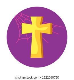 cross metal decoration icon over spiderweb background, vector illustration