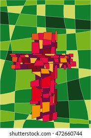 The cross in a mosaic style in front of a green background. The image looks like a modern church window.