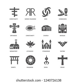 Cross, Mosque, Church, Shinto, Sufism, Christianity, Orthodox, Monastery, Shiva, Paganism, Odin icon 16 set EPS 10 vector format. Icons optimized for both large and small resolutions.